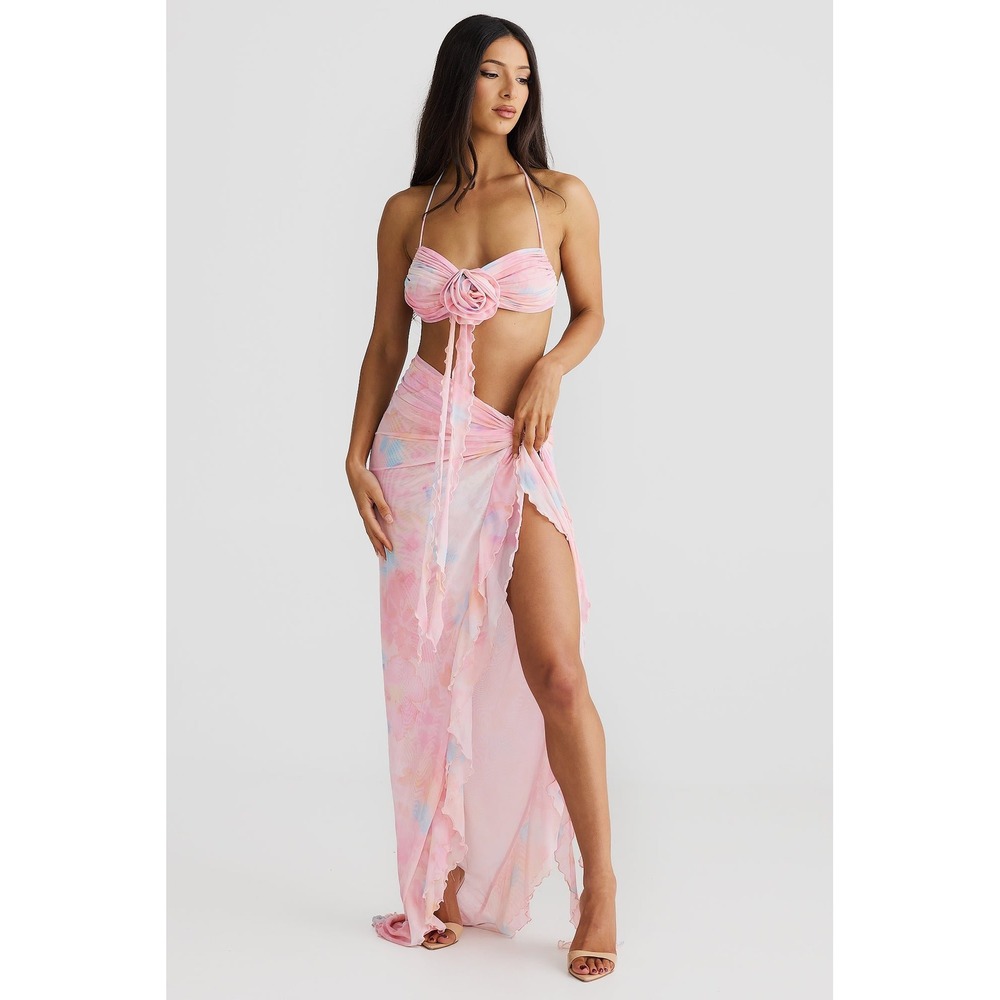 Melani The Label Aliana Pink Mesh 2 Piece Set Flower Halter Top & Wrap Skirt L
